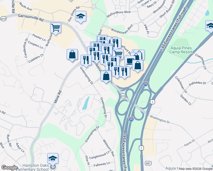 map of restaurants, bars, coffee shops, grocery stores, and more near 105 Garrisonville Road in Stafford