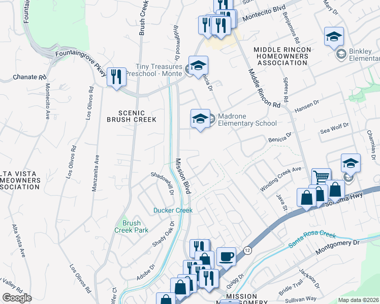 map of restaurants, bars, coffee shops, grocery stores, and more near 4438 Yukon Drive in Santa Rosa