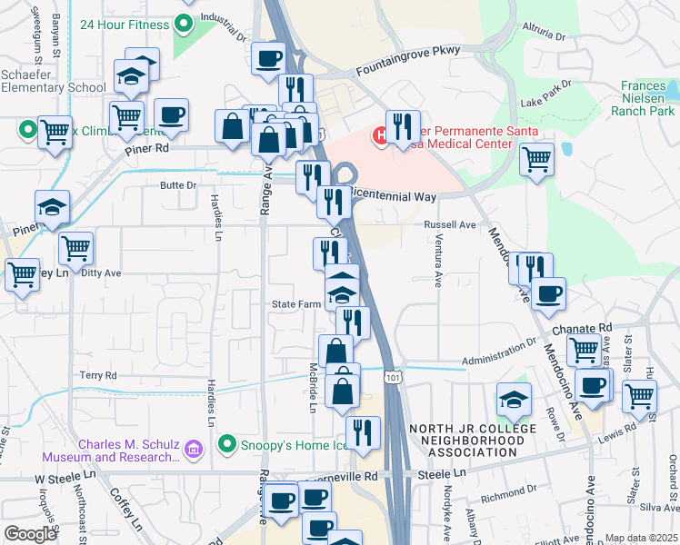 map of restaurants, bars, coffee shops, grocery stores, and more near 3033 Cleveland Avenue in Santa Rosa