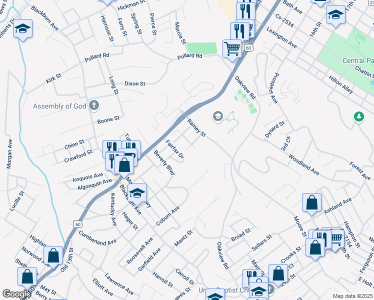 map of restaurants, bars, coffee shops, grocery stores, and more near 1704 Ester Street in Ashland