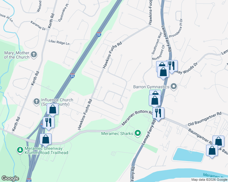 map of restaurants, bars, coffee shops, grocery stores, and more near 4235 Meadowgreen Trails Drive in St. Louis
