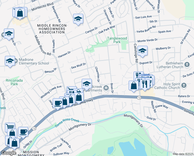 map of restaurants, bars, coffee shops, grocery stores, and more near 5058 Charmian Drive in Santa Rosa