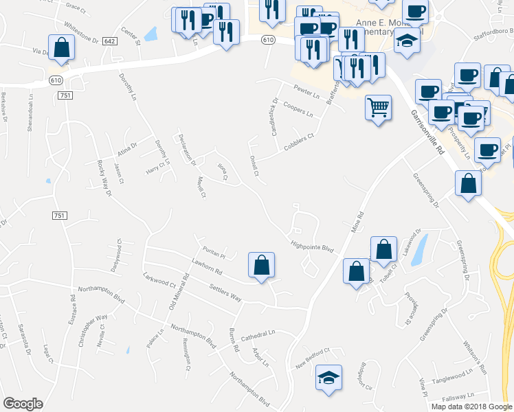 map of restaurants, bars, coffee shops, grocery stores, and more near 1111 Highpointe Boulevard in Stafford