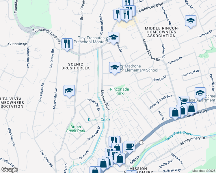 map of restaurants, bars, coffee shops, grocery stores, and more near 4438 Yukon Drive in Santa Rosa
