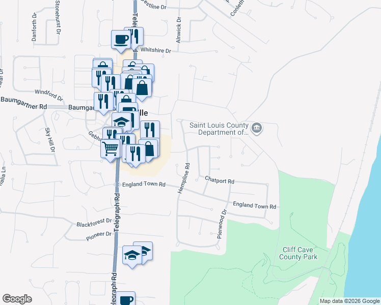 map of restaurants, bars, coffee shops, grocery stores, and more near 5702 Hempline Road in St. Louis