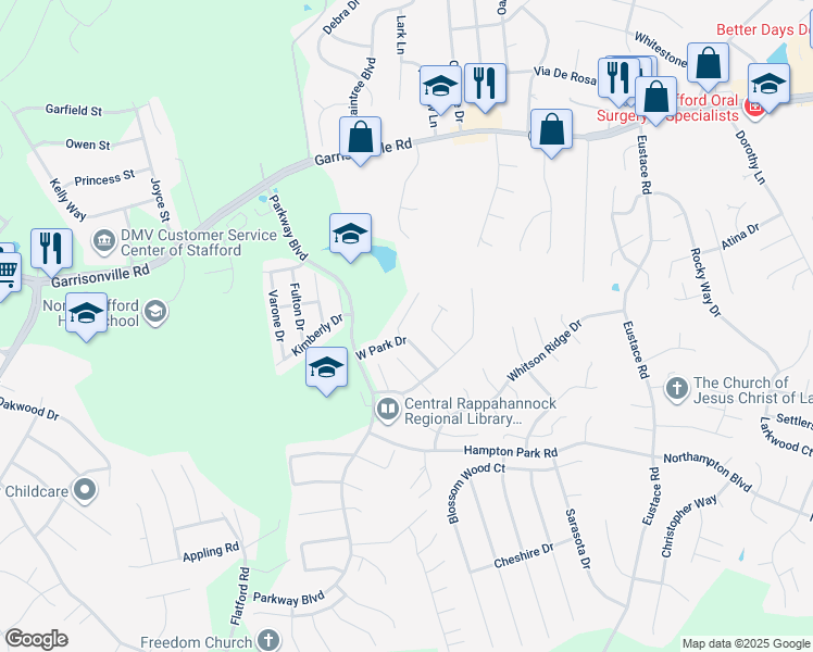 map of restaurants, bars, coffee shops, grocery stores, and more near 404 Waters Cove Court in Stafford