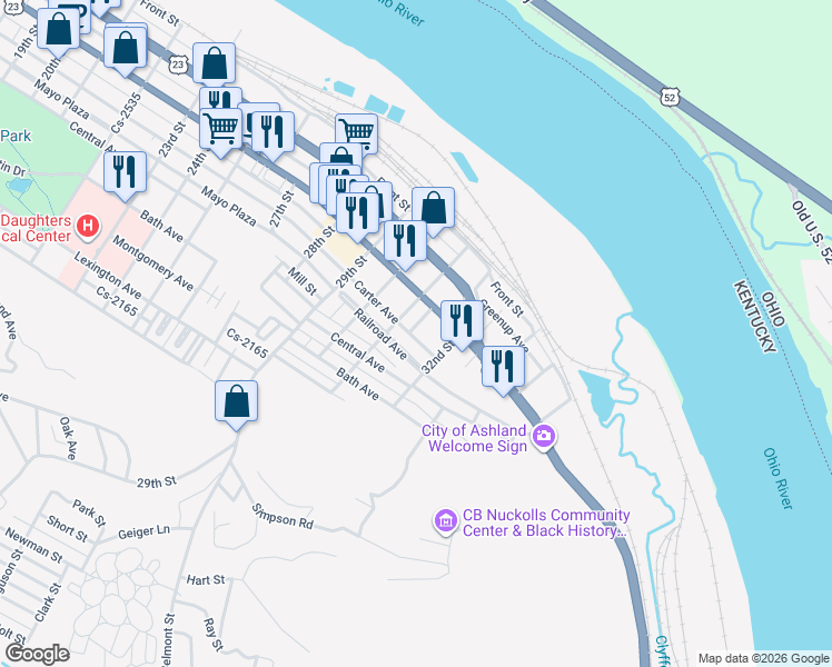 map of restaurants, bars, coffee shops, grocery stores, and more near 346 Ringo Street in Ashland