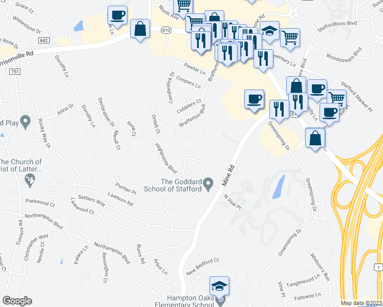 map of restaurants, bars, coffee shops, grocery stores, and more near 706 Pinnacle Drive in Stafford