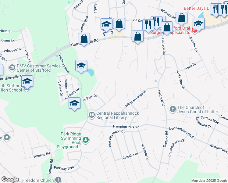map of restaurants, bars, coffee shops, grocery stores, and more near 405 Park Cove Drive in Stafford
