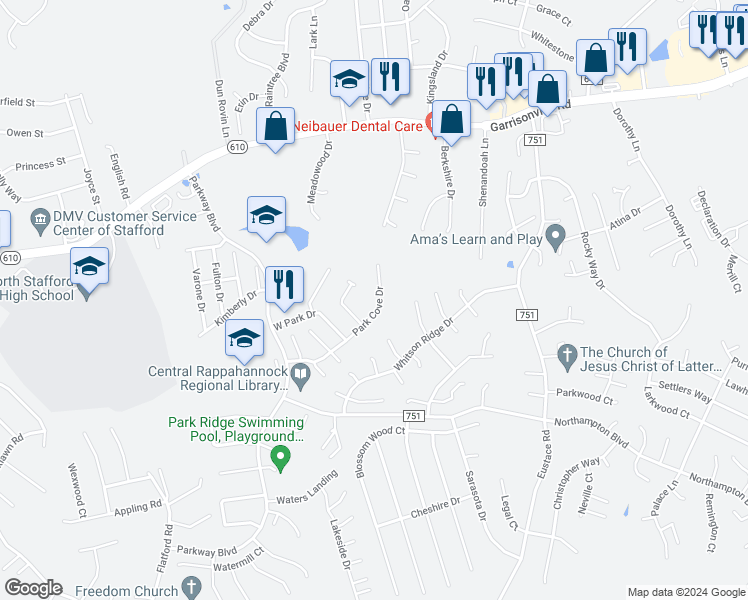 map of restaurants, bars, coffee shops, grocery stores, and more near 405 Park Cove Drive in Stafford