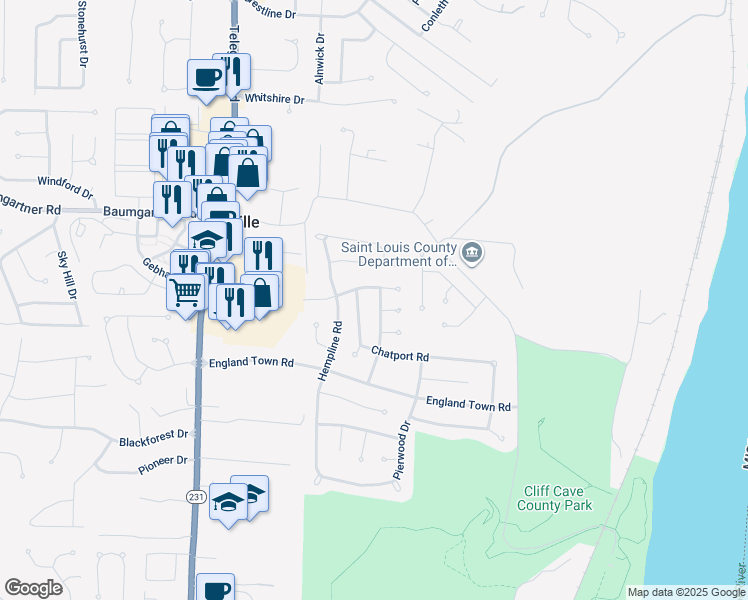 map of restaurants, bars, coffee shops, grocery stores, and more near 5711 Huntsport Road in Saint Louis