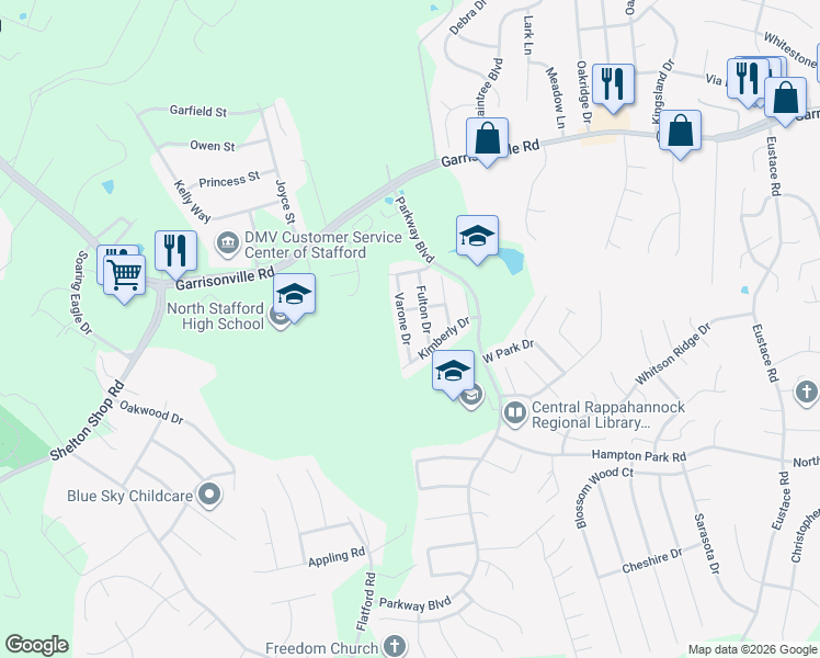map of restaurants, bars, coffee shops, grocery stores, and more near 14 Varone Drive in Stafford