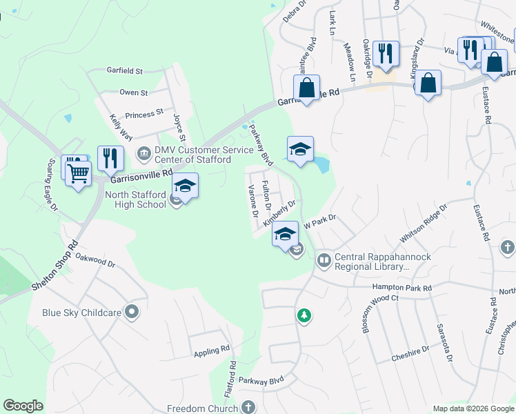 map of restaurants, bars, coffee shops, grocery stores, and more near 14 Varone Drive in Stafford