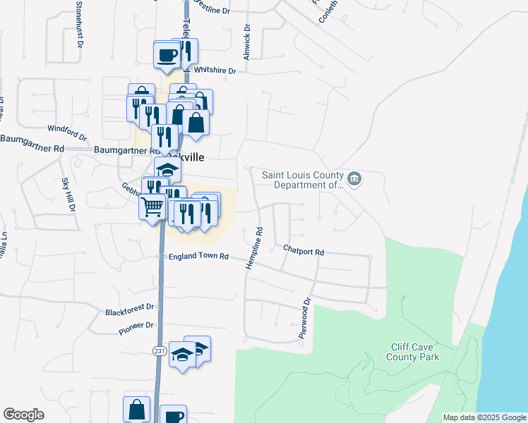 map of restaurants, bars, coffee shops, grocery stores, and more near 5702 Hempline Rd in St Louis