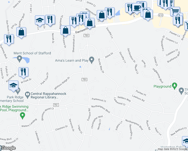 map of restaurants, bars, coffee shops, grocery stores, and more near 5 Murray Circle in Stafford