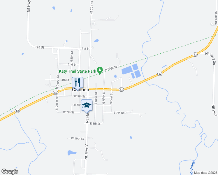 map of restaurants, bars, coffee shops, grocery stores, and more near 107 North East Street in Calhoun