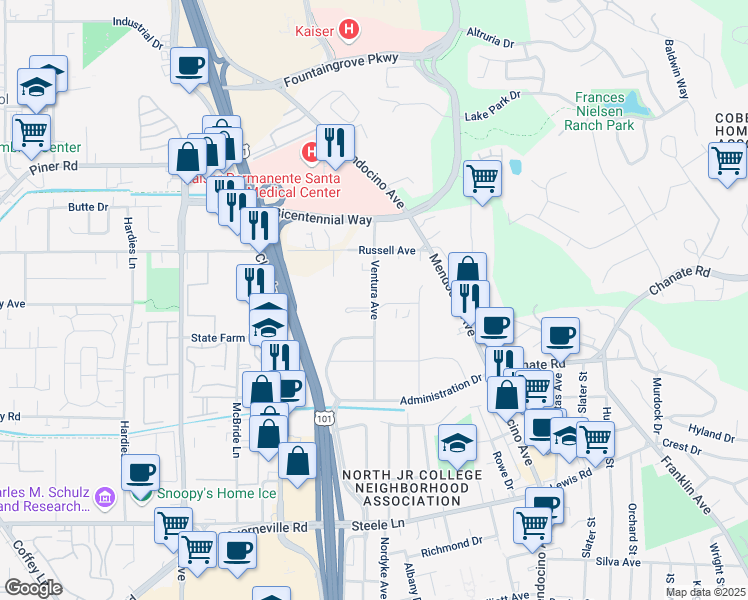 map of restaurants, bars, coffee shops, grocery stores, and more near 2777 Ventura Avenue in Santa Rosa