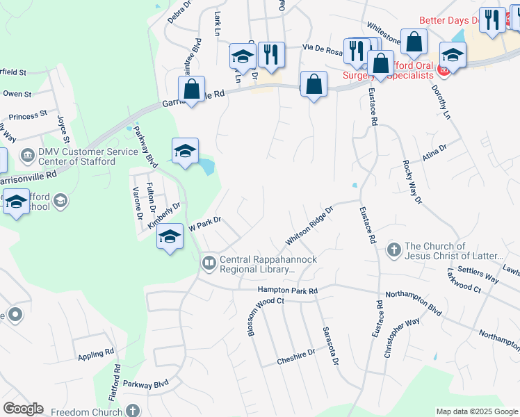 map of restaurants, bars, coffee shops, grocery stores, and more near 407 Park Cove Drive in Stafford