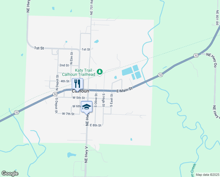 map of restaurants, bars, coffee shops, grocery stores, and more near 107 North East Street in Calhoun
