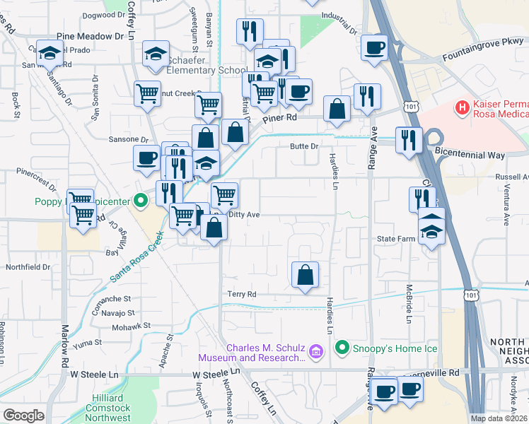 map of restaurants, bars, coffee shops, grocery stores, and more near 1533 Ditty Avenue in Santa Rosa