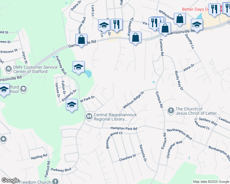 map of restaurants, bars, coffee shops, grocery stores, and more near 406 Park Cove Drive in Stafford