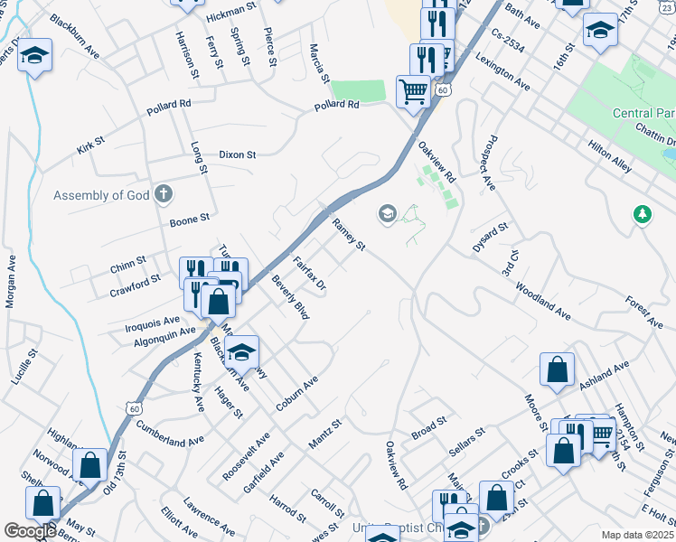 map of restaurants, bars, coffee shops, grocery stores, and more near 1704 Ester Street in Ashland