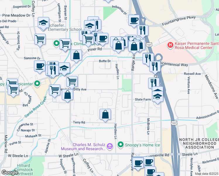 map of restaurants, bars, coffee shops, grocery stores, and more near 1441 Ditty Avenue in Santa Rosa