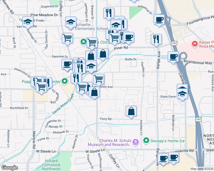 map of restaurants, bars, coffee shops, grocery stores, and more near 1635 Ditty Avenue in Santa Rosa