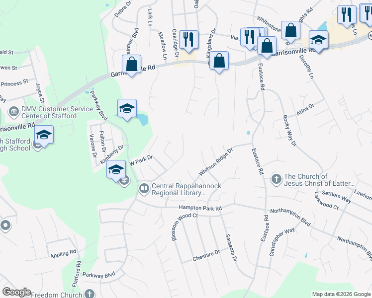 map of restaurants, bars, coffee shops, grocery stores, and more near 408 Park Cove Drive in Stafford