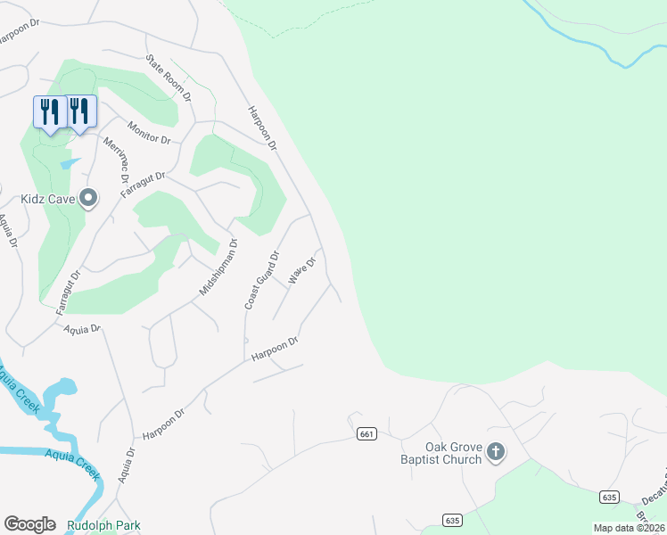 map of restaurants, bars, coffee shops, grocery stores, and more near 2318 Harpoon Drive in Stafford