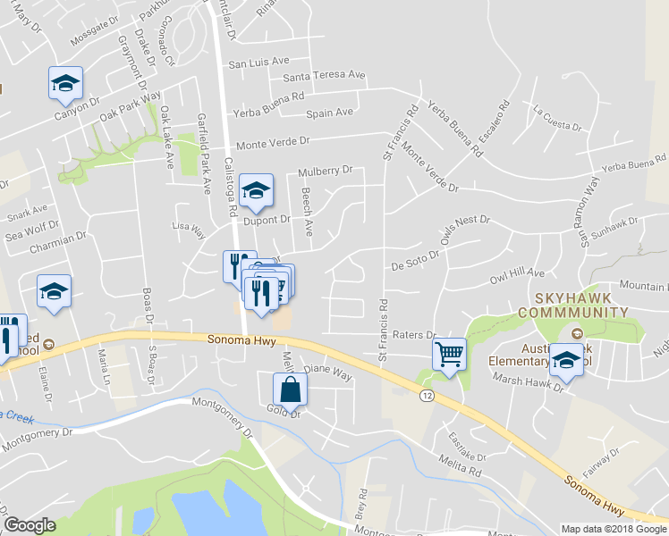 map of restaurants, bars, coffee shops, grocery stores, and more near 5510 El Encanto Drive in Santa Rosa