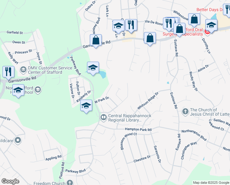 map of restaurants, bars, coffee shops, grocery stores, and more near 201 Park Brook Court in Stafford