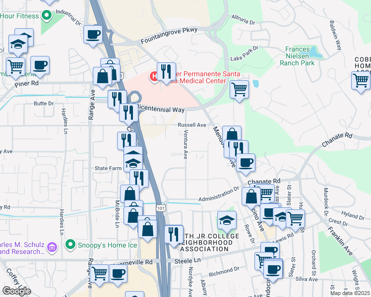 map of restaurants, bars, coffee shops, grocery stores, and more near 2777 Ventura Avenue in Santa Rosa