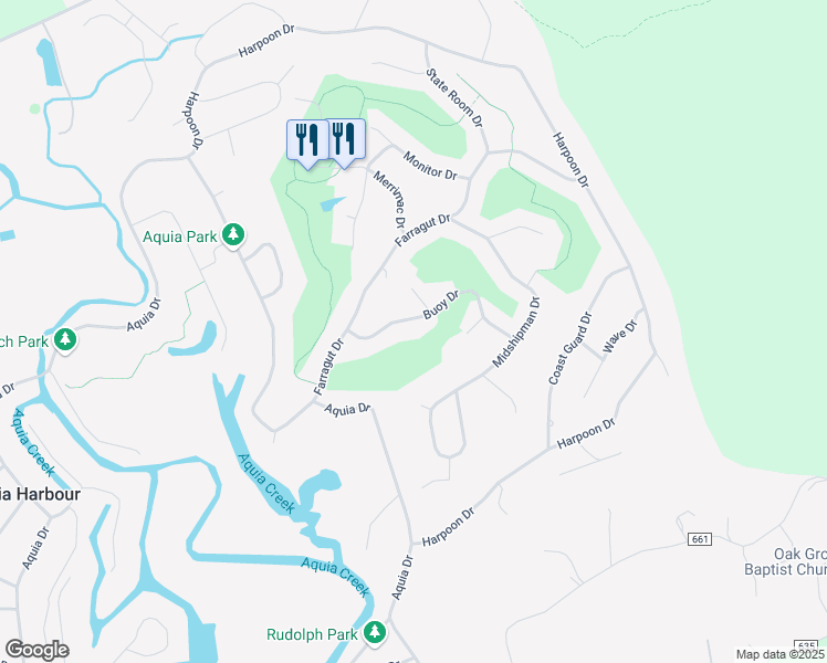 map of restaurants, bars, coffee shops, grocery stores, and more near 2017 Buoy Drive in Stafford