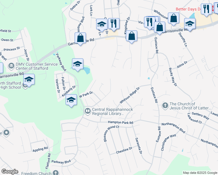map of restaurants, bars, coffee shops, grocery stores, and more near 409 Park Cove Drive in Stafford