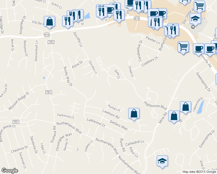 map of restaurants, bars, coffee shops, grocery stores, and more near 308 Merrill Court in Stafford