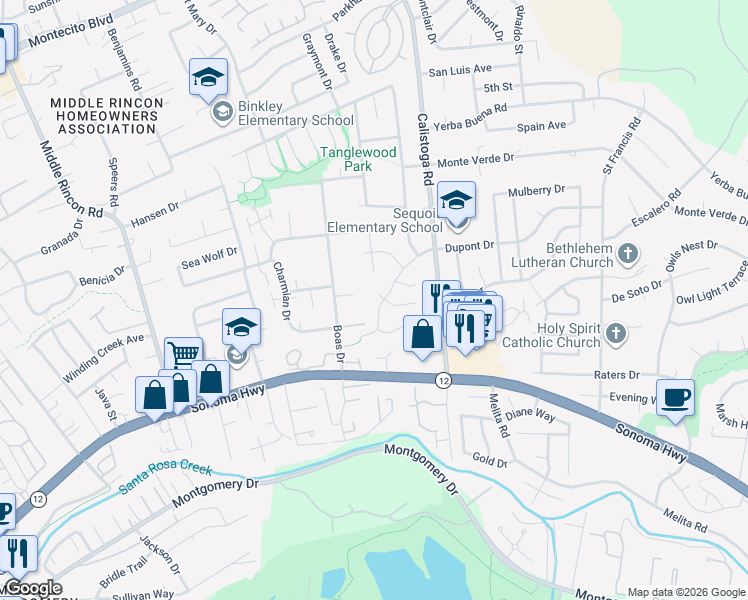 map of restaurants, bars, coffee shops, grocery stores, and more near 5061 Dupont East Court in Santa Rosa