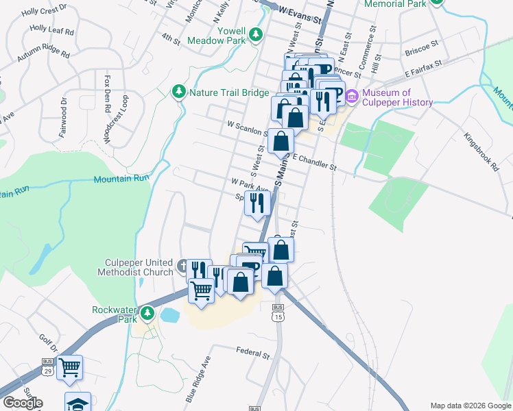 map of restaurants, bars, coffee shops, grocery stores, and more near 109 Spring Street in Culpeper