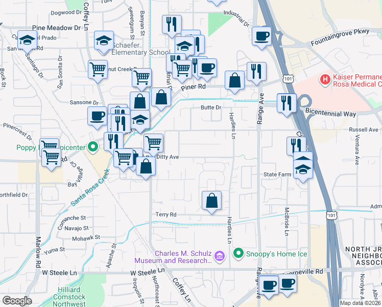map of restaurants, bars, coffee shops, grocery stores, and more near 1533 Ditty Avenue in Santa Rosa