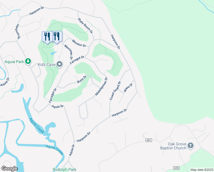 map of restaurants, bars, coffee shops, grocery stores, and more near 2028 Midshipman Drive in Stafford