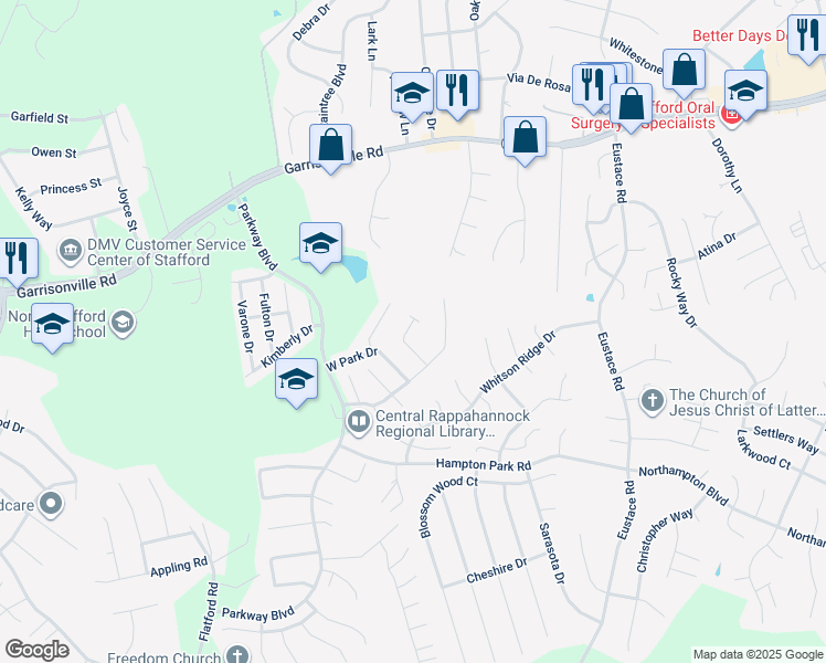 map of restaurants, bars, coffee shops, grocery stores, and more near 200 Park Brook Court in Stafford