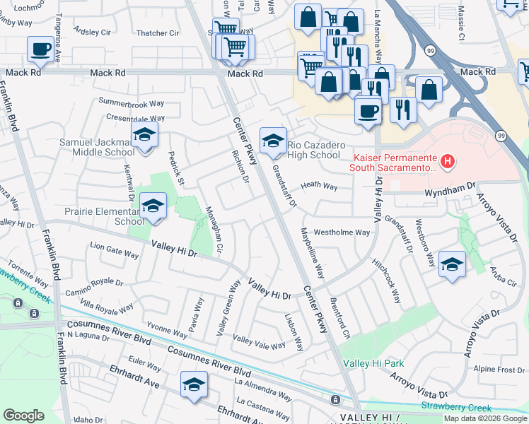 map of restaurants, bars, coffee shops, grocery stores, and more near 7875 Golden Field Way in Sacramento