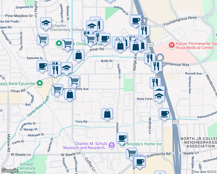 map of restaurants, bars, coffee shops, grocery stores, and more near 1441 Ditty Avenue in Santa Rosa