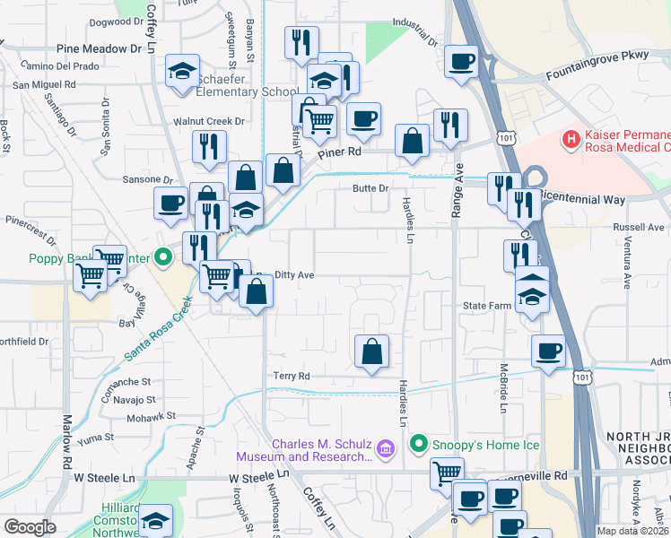 map of restaurants, bars, coffee shops, grocery stores, and more near 1533 Ditty Avenue in Santa Rosa
