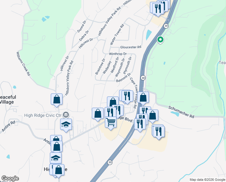 map of restaurants, bars, coffee shops, grocery stores, and more near 2605 Forest Lane in High Ridge
