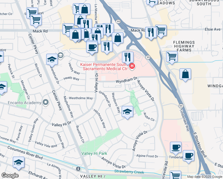map of restaurants, bars, coffee shops, grocery stores, and more near 6681 Lindbrook Way in Sacramento
