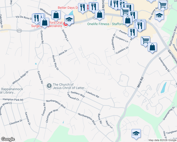 map of restaurants, bars, coffee shops, grocery stores, and more near 308 Merrill Court in Stafford