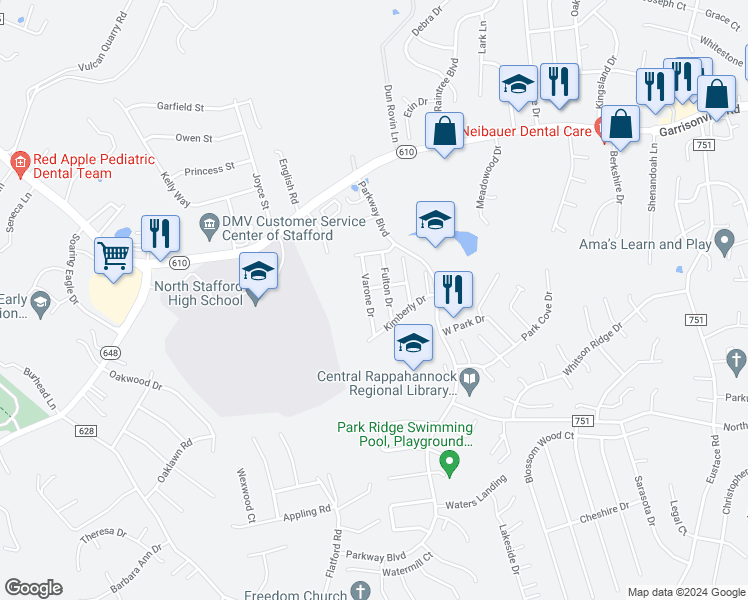 map of restaurants, bars, coffee shops, grocery stores, and more near 16 Varone Drive in Stafford