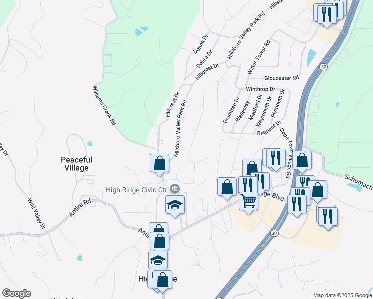 map of restaurants, bars, coffee shops, grocery stores, and more near 2701 Skyline Dr in High Ridge