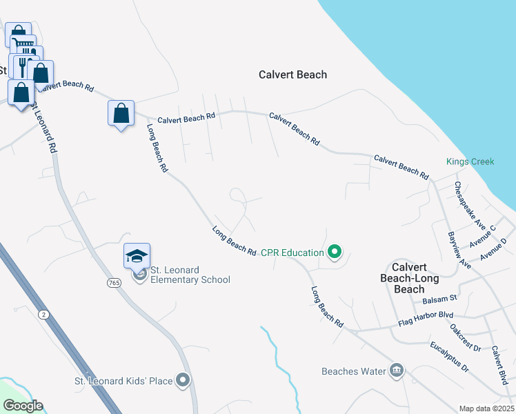 map of restaurants, bars, coffee shops, grocery stores, and more near 1041 Kings Creek Drive in Saint Leonard